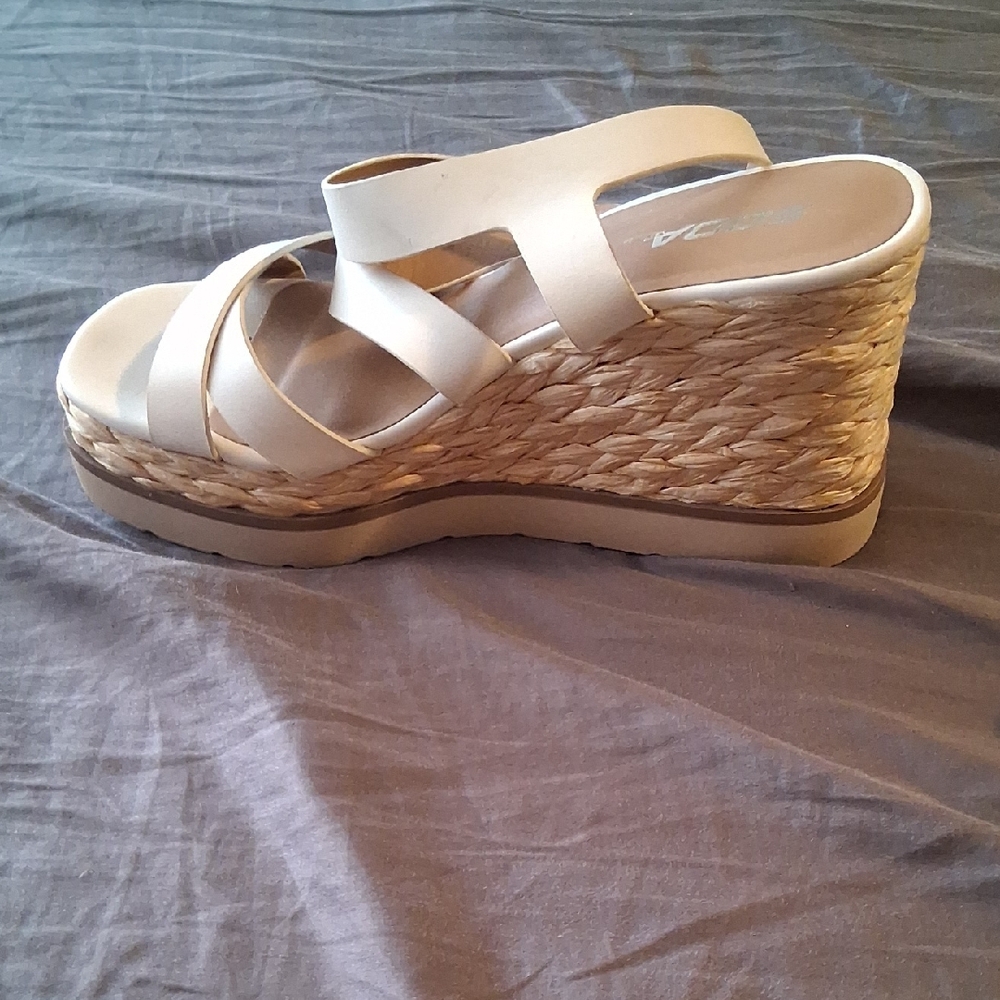 Soda Cream Wedge Sandals with Crisscross Straps